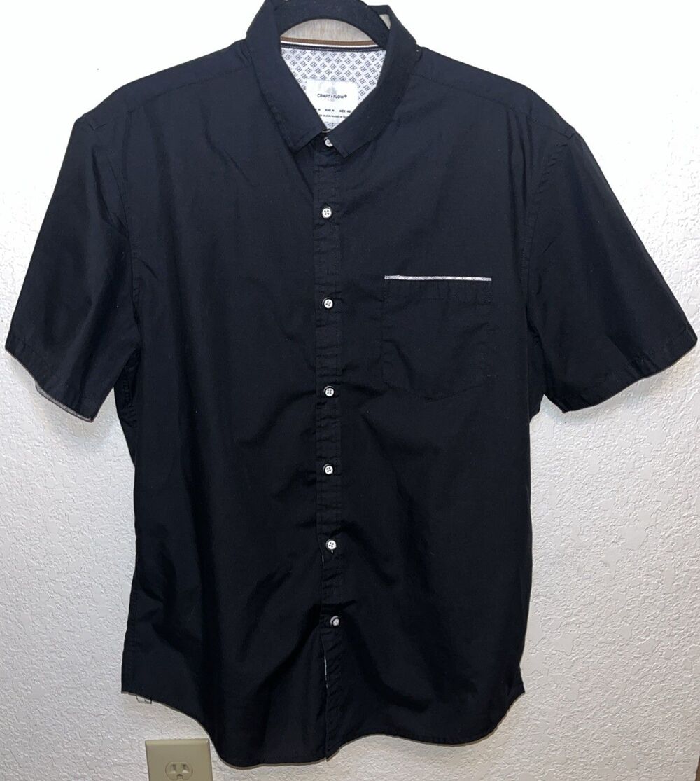 Craft + Flow Button Up Short Sleeve Shirt Black Size Med.